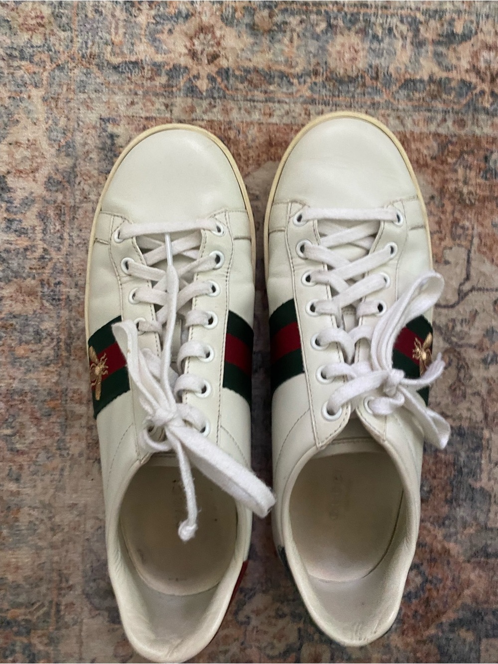 Gucci White Leather Sneakers with Green and Red Web Stripe and Gold Bee